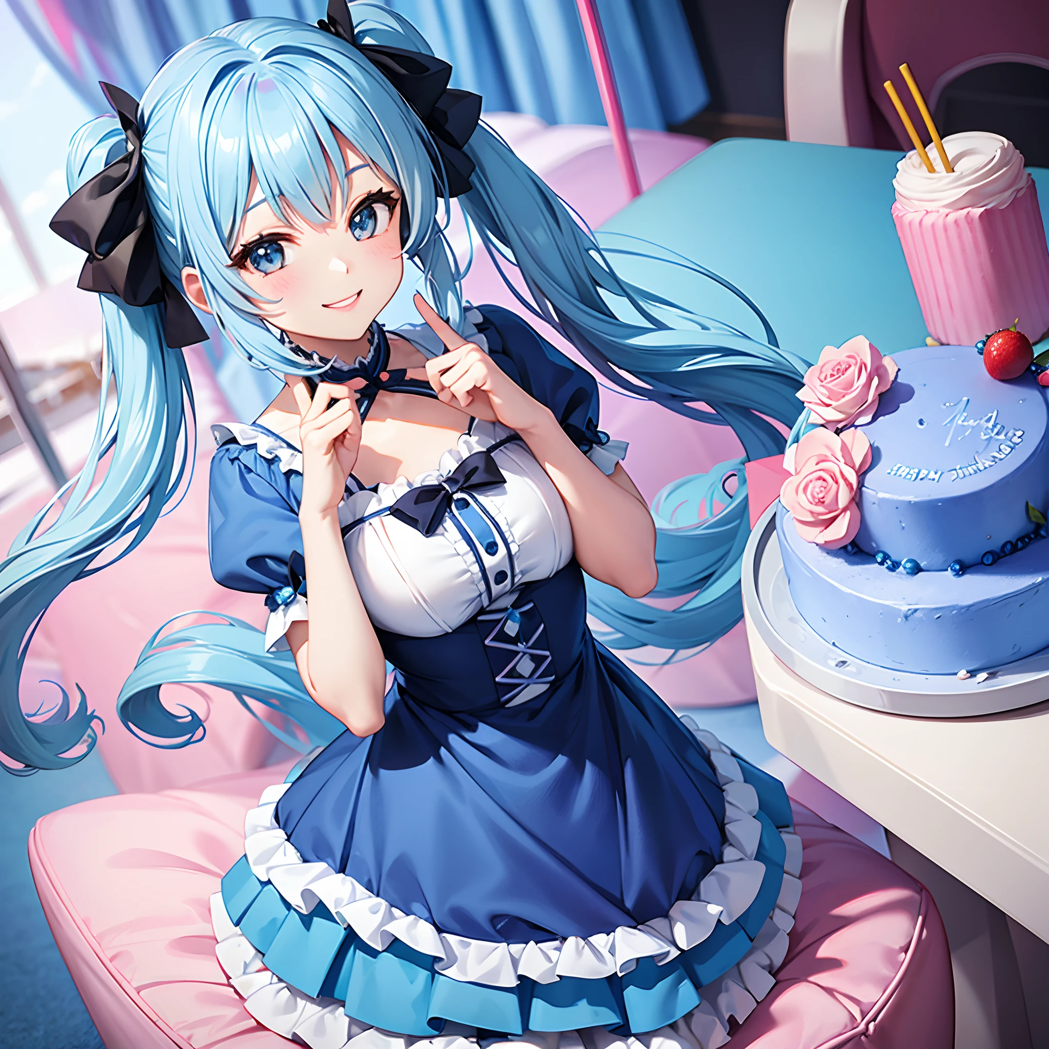 Pretty girl blue hairs Long Twin-tailed adorable smiling birthday celebration a cake adorable smiling ta style dresses