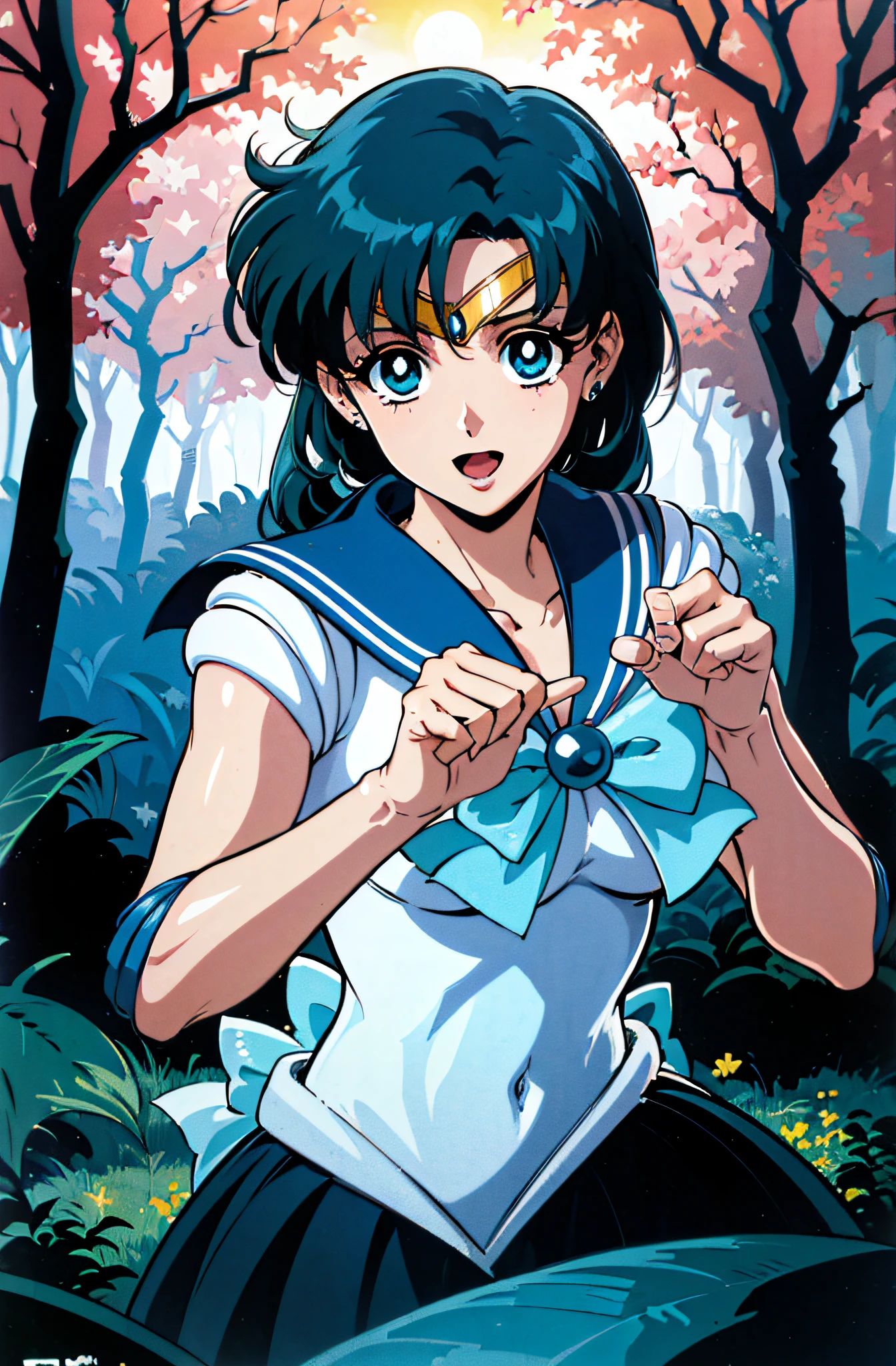 (top-quality:1.3), (​masterpiece:1.4),(Anatomically correct), (Full limbs),(complete fingers),(Precise fingertips), (Fine details),(8K),Sailor Moon!!!!!!!!, Sailor Moon Style,by Sailor Moon, Sailor Senshi Uniform,(Sailor Mercury:1.25),aqua eyes, Dark green hair, Middle hair, Photorealista:1.37,((Magical Dark Forest :1.2))at the sunset, with ((Strong dark shadows recommended for the scene:1.2)), Golden flowers ,((glowing butterflies )), Beautiful magic style, Golden Water Reflection,Fierce, Concept art, Digital Painting,Open mouth