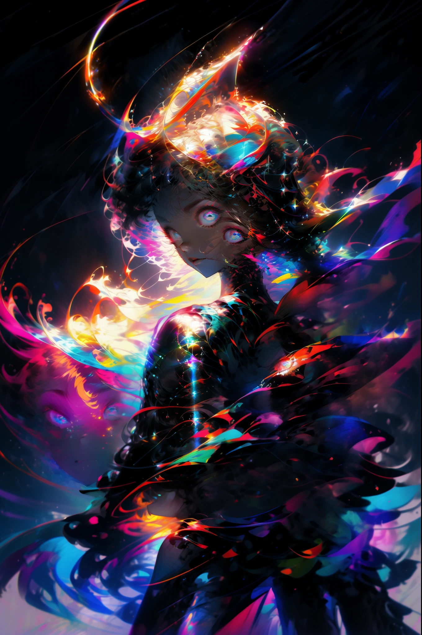 Intense fractal horror, digital glitch entity, electronic virus, cyber goddess, breasts and nipples, colorful, glowing