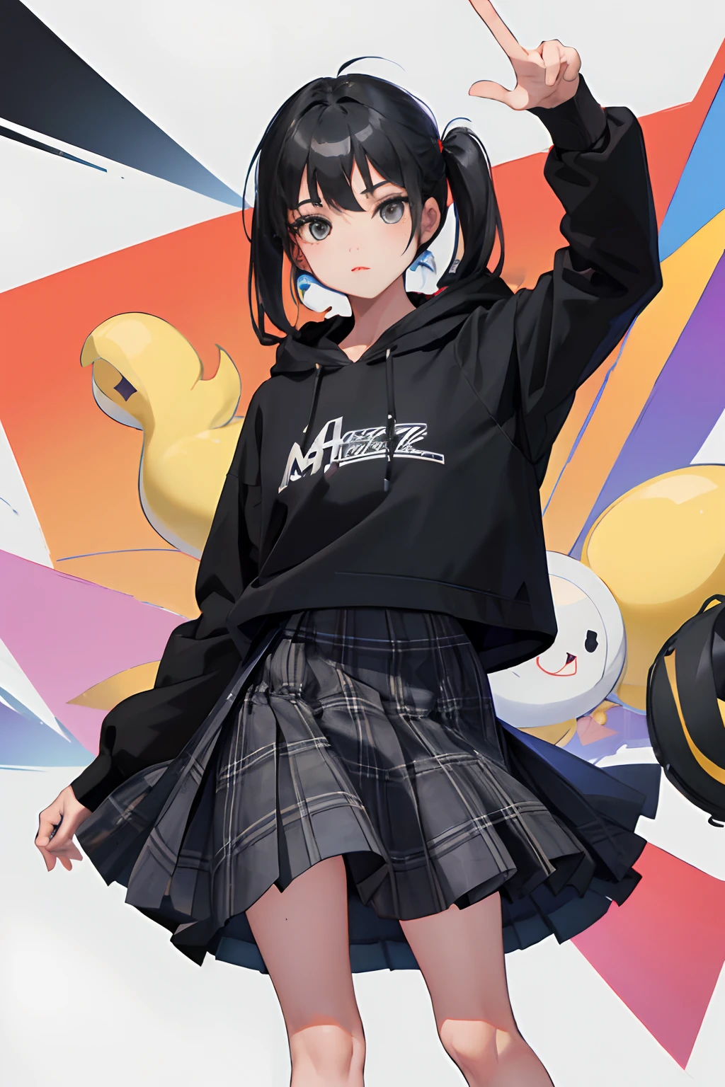 (Curtsey,skirt rift:1.5),,(masterpiece,Highest Quality),Gray hoodie,plaid skirts,A dark-haired