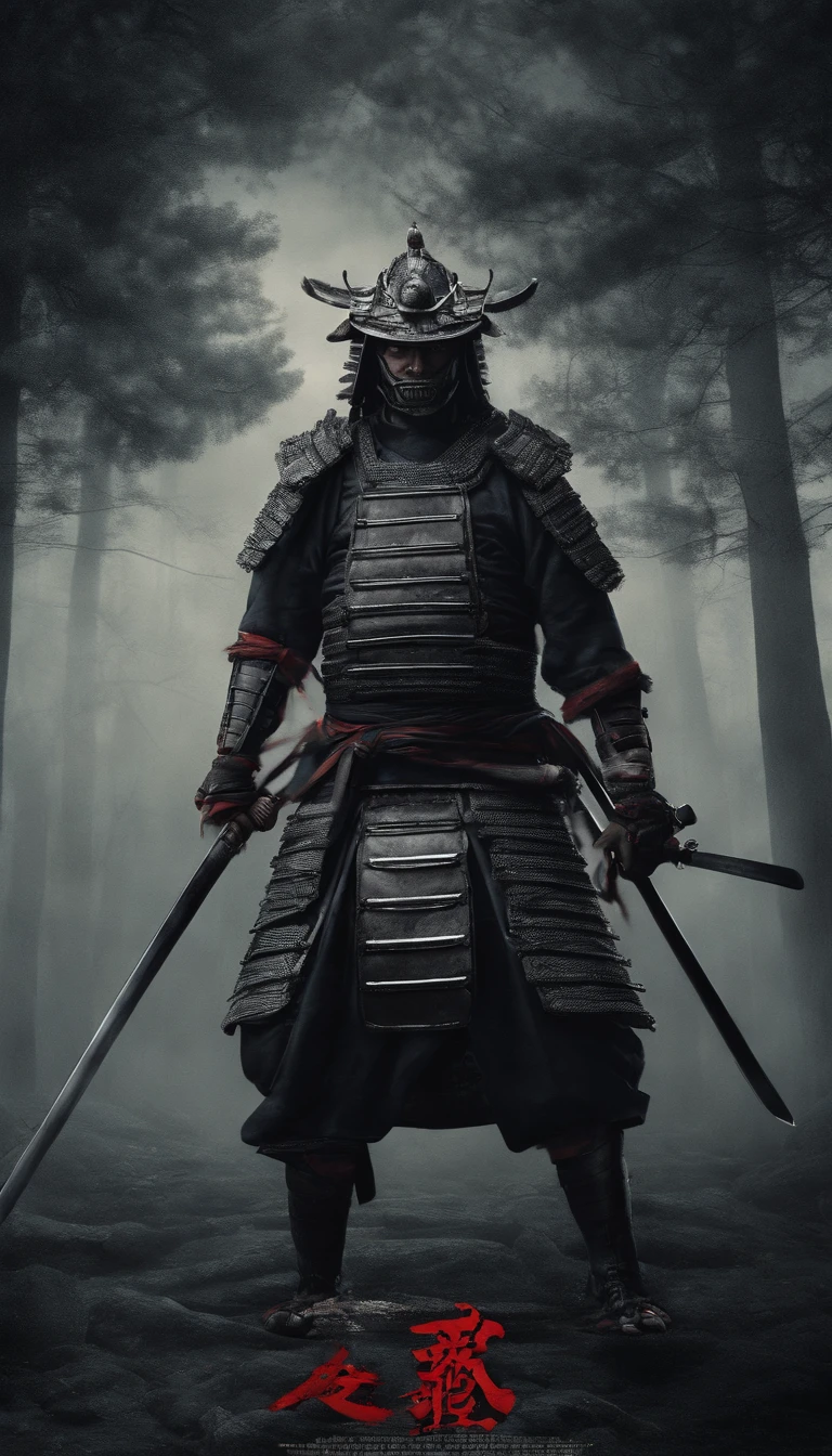 (best quality,4k,8k,highres,masterpiece:1.2),ultra-detailed,(realistic,photorealistic,photo-realistic:1.37),feudal Japanese samurai from the Sengoku period, adorned in a complete suit of samurai armor, with a black warrior mask, wielding a razor-sharp katana, emanating a strong sense of intimidation, glowing red eyes, Three Rivers samurai