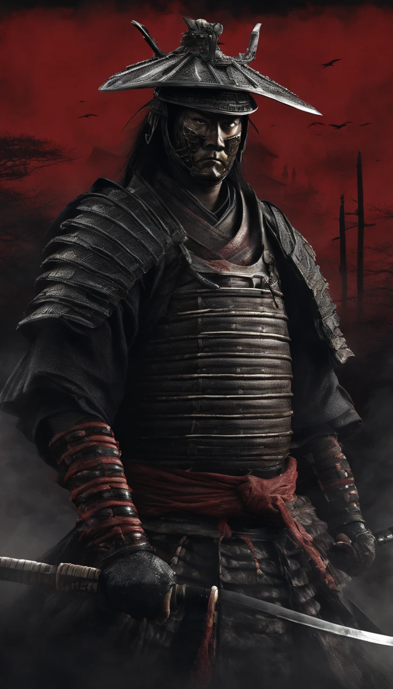 (best quality,4k,8k,highres,masterpiece:1.2),ultra-detailed,(realistic,photorealistic,photo-realistic:1.37),feudal Japanese samurai from the Sengoku period, adorned in a complete suit of samurai armor, with a black warrior mask, wielding a razor-sharp katana, emanating a strong sense of intimidation, glowing red eyes, Three Rivers samurai