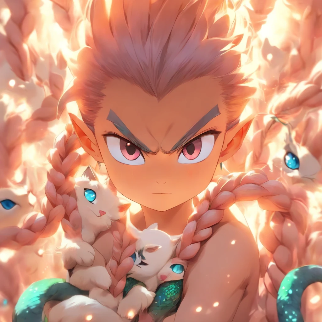MALE, asian BOY, beautiful BOY, long silky peach-colored hair intermixes with a lot of loose braids, the tail of the hair has peacock's tail pattern, elf ears, dark pink sharp cat-eyes with light blue shade, white eye's pupils, soft and thin lips, white and soft skin