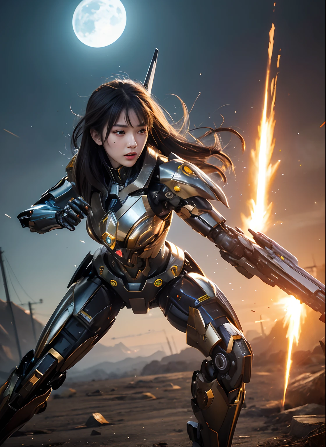 Textured skin, Super Detail, high details, High quality, Best Quality, hight resolution, 1080p, hard disk, Beautiful,(Superheroine),beautiful cyborg woman,Mecha Cyborg Girl,Battle Mode,Girl with a Mecha Body,She wears a battle cyborg mech with a weapon,Fulll body Shot