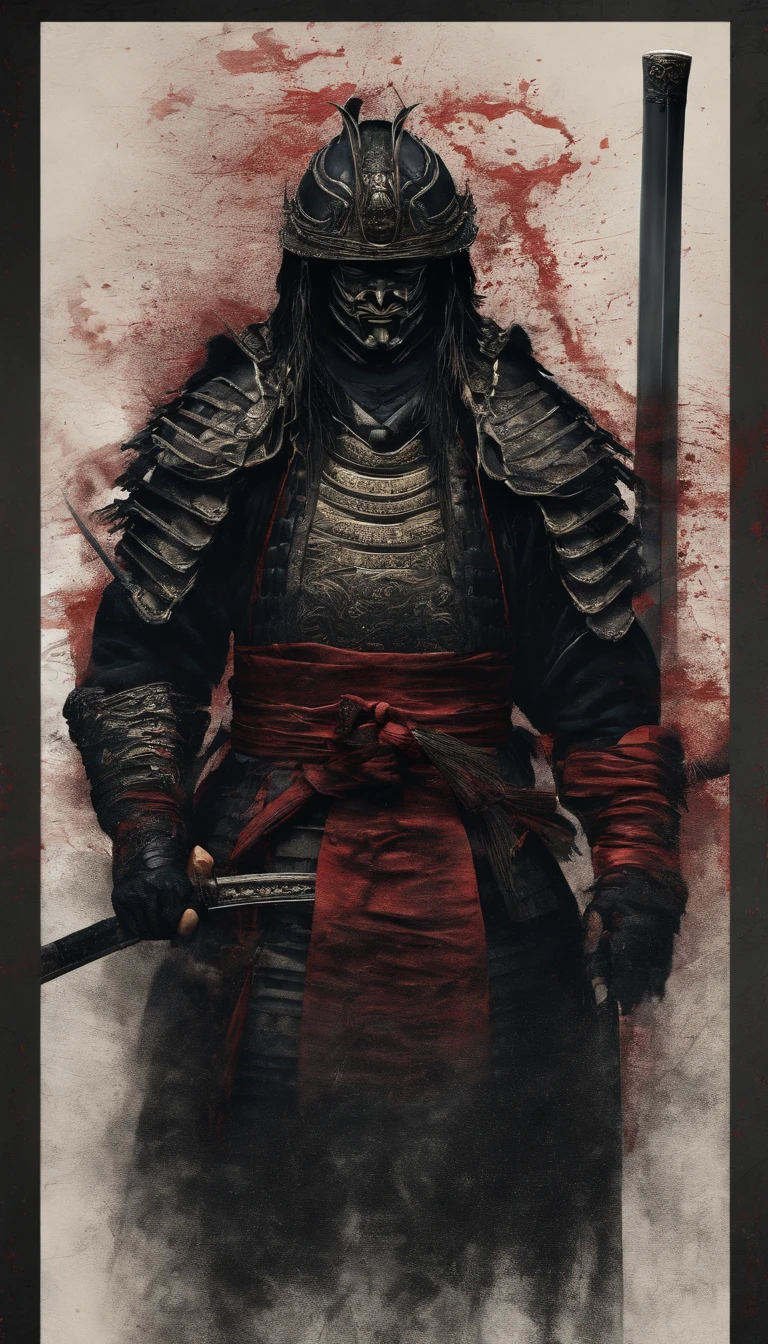 (Best quality,4K,8K,A high resolution,Masterpiece:1.2),Ultra-detailed,Realistic:1.37,Samurai of the Sengoku period of Japan,Wear full samurai armor,Black samurai mask,Holding a sharp katana,A strong sense of oppression,Glowing red eyes