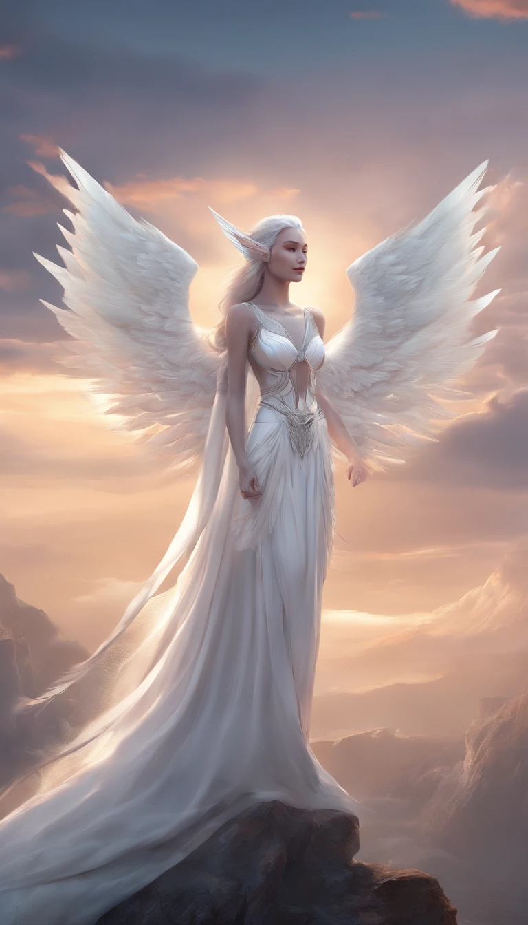 It flies lightly, Holy,White Elves, long ear,white wings on back,shining brightly, The whole body is in the frame, Against the background of colored sky, RAW photo, Hyper-realistic, remote, product-view, ArtStation Trends,Super high quality, Digital art, Delicate and delicate, 4K, Soft lighting, Dreamy, Ethereal, Unreal Engine rendering, 8K UHD, hdr, High quality, Ultra detailed, filmgrain.