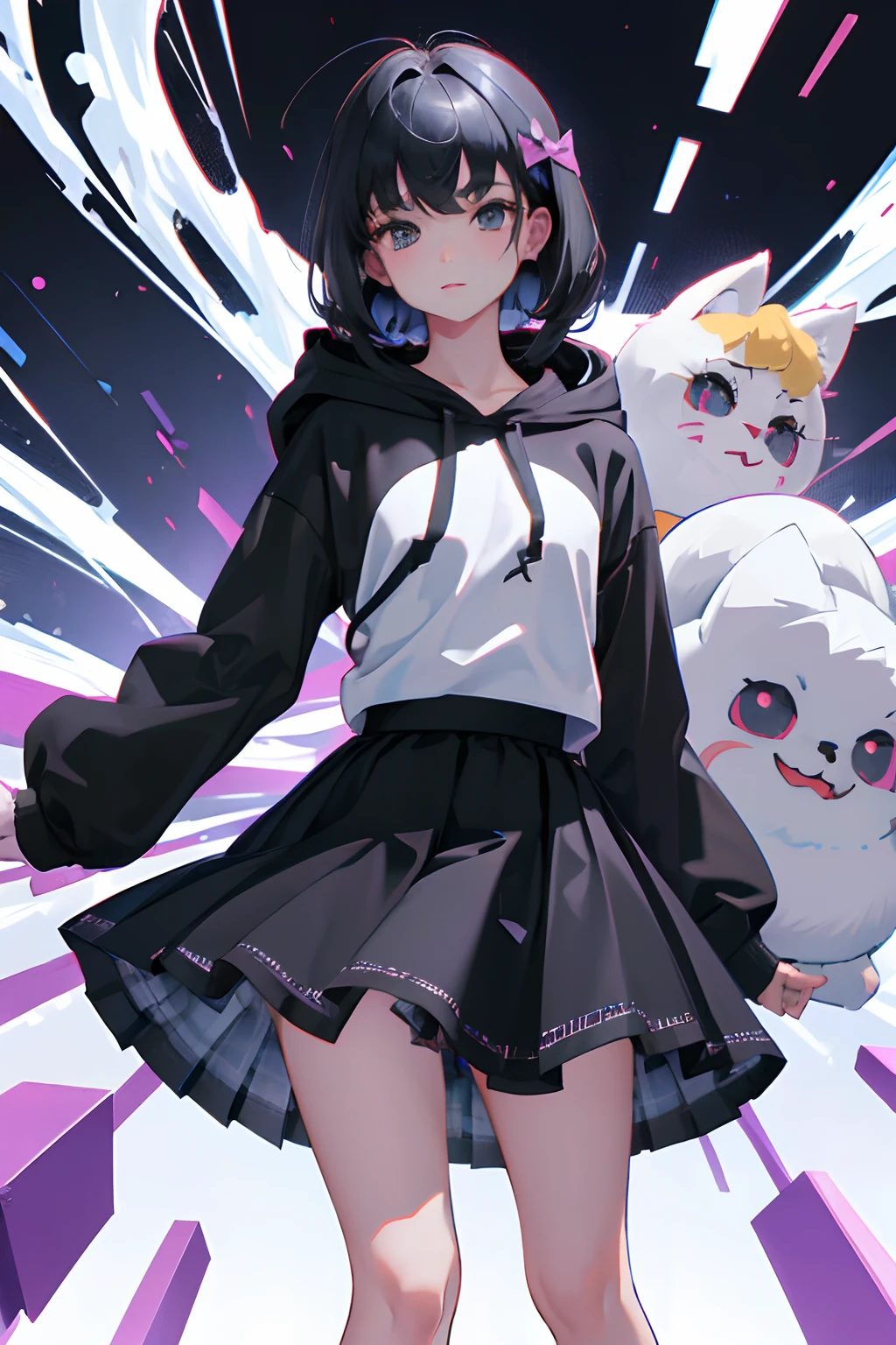 (Curtsey，skirt rift:1.5)，child，（​masterpiece，Highest Quality），Gray hoodie，plaid skirts，A dark-haired