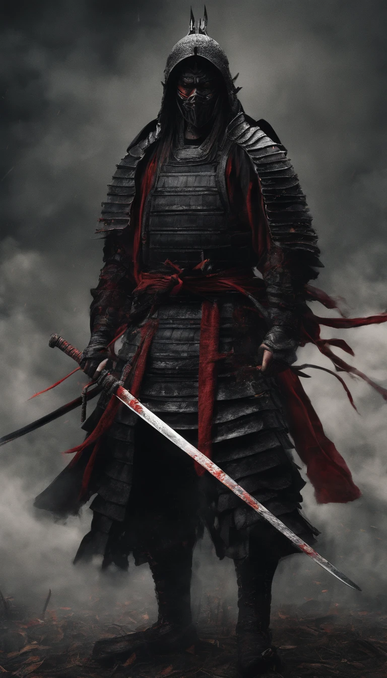 (Best quality,4K,8K,A high resolution,Masterpiece:1.2),Ultra-detailed,(Realistic,Photorealistic,photo-realistic:1.37),Feudal Japanese samurai of the Warring States period, Wearing a full suit of samurai armor, Wearing a black samurai mask, Wielding a sharp katana, Exudes a strong sense of intimidation, Glowing red eyes, Mikawa Samurai