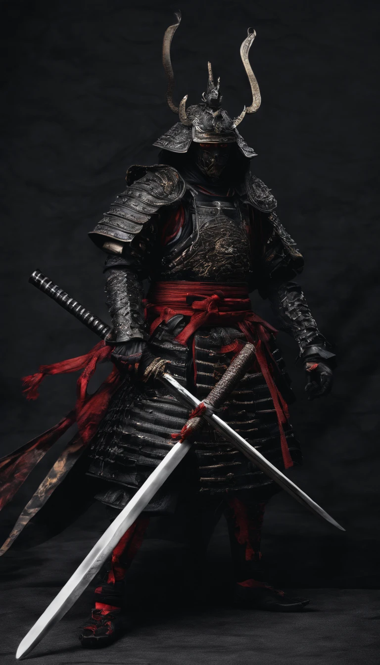 (Best quality,4K,8K,A high resolution,Masterpiece:1.2),Ultra-detailed,(Realistic,Photorealistic,photo-realistic:1.37),Feudal Japanese samurai of the Warring States period, Wearing a full suit of samurai armor, Wearing a black samurai mask, Wielding a sharp katana, Exudes a strong sense of intimidation, Glowing red eyes, Mikawa Samurai