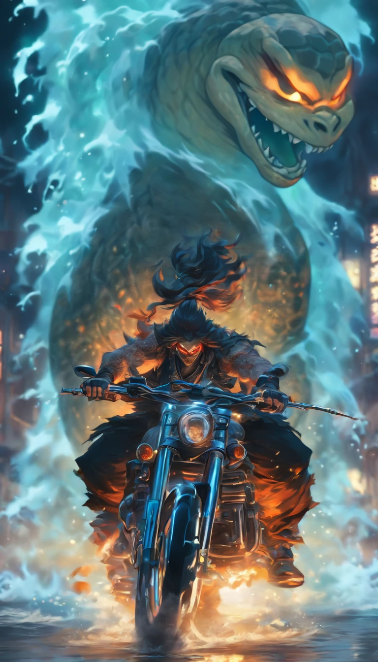 China-style,中景 the scene is,The Taoist priest stood in front of the giant roaring water turtle,blue colors,Stretch your hands,Long messy hair,Glow effects,Hyper-realistic,Ultra photo realsisim,Chinese black and white ink style,Silver,Decolorization,Smudge,ink,8K,super-fine,high qulity,The OC renderer is the best quality, Masterpiece, 超高分辨率, (Photorealistic:1.4), RAW photo, (Perfect body shape), (Slim:1.2), Close-up of a man on a motorcycle,Pumpkin on top, Ghost Rider, halloween art style, halloween theme, motorcycle concept art, background artwork, Motorcycles, biker, halloween atmosphere, halloween night, Halloween, jack - o'- lantern, halloween scene, spooky halloween theme, heavy metal art style, halloween celebration, harley davidson, 《Dark Bloods》Halloween-themed dynamic poses, Plaid mini skirt, In the dark, Night, On the street, deepshadow, low tune, Cold light 12000K