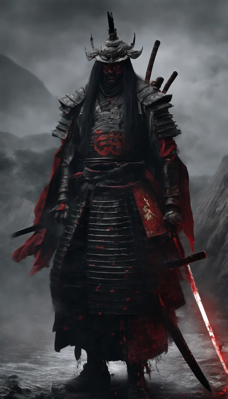 (Best quality,4K,8K,A high resolution,Masterpiece:1.2),Ultra-detailed,(Realistic,Photorealistic,photo-realistic:1.37),Feudal Japanese samurai of the Warring States period, Wearing a full suit of samurai armor, Wearing a black samurai mask, Wielding a sharp katana, Exudes a strong sense of intimidation, Glowing red eyes, Mikawa Samurai