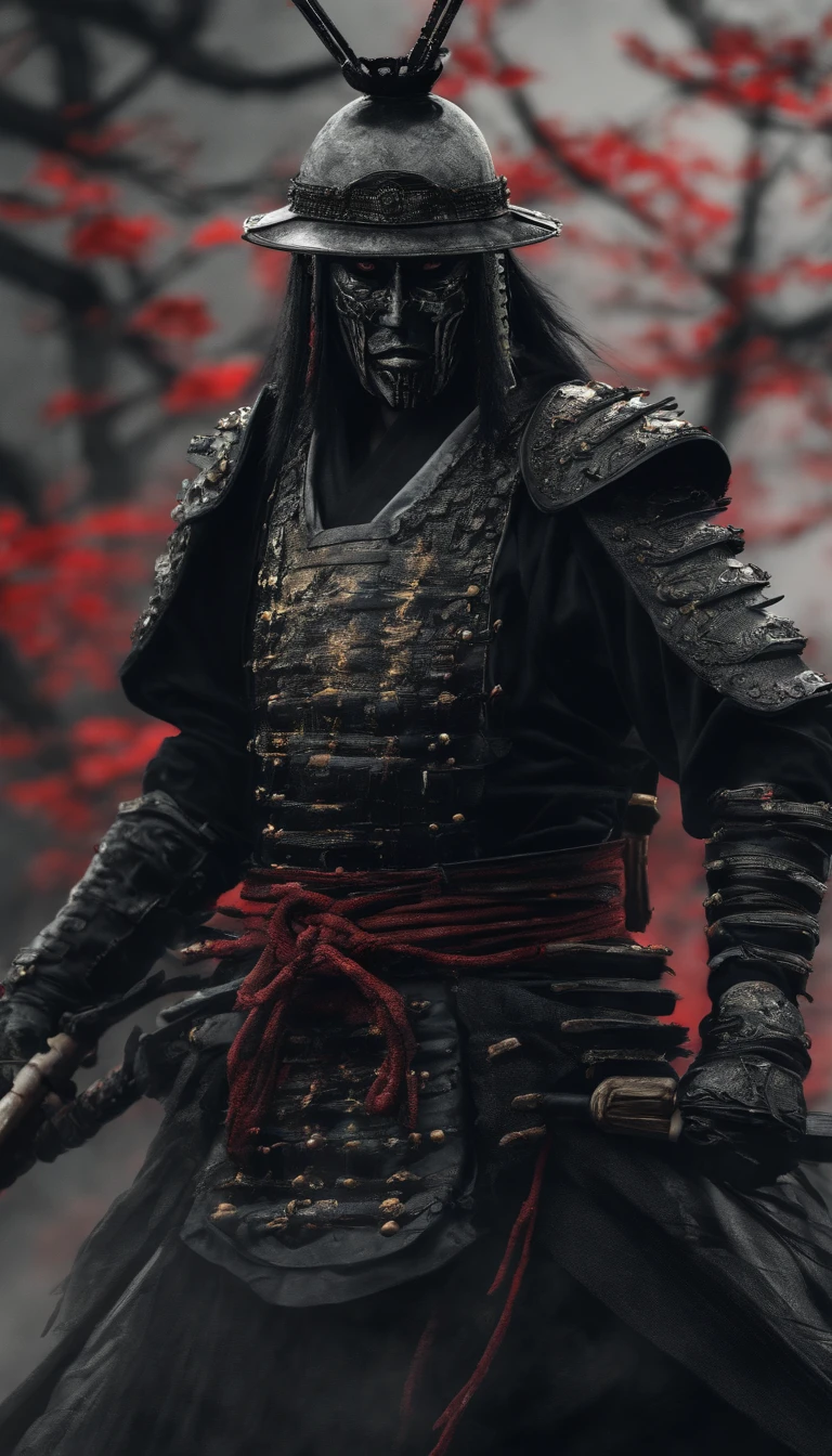 (Best quality,4K,8K,A high resolution,Masterpiece:1.2),Ultra-detailed,(Realistic,Photorealistic,photo-realistic:1.37),Feudal Japanese samurai of the Warring States period, Wearing a full suit of samurai armor, Wearing a black samurai mask, Wielding a sharp katana, Exudes a strong sense of intimidation, Glowing red eyes, Mikawa Samurai