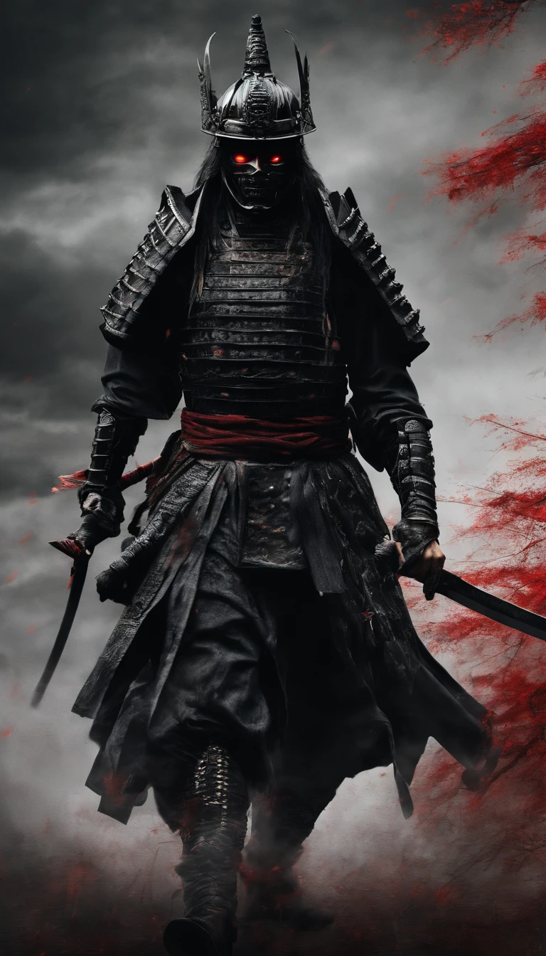 (Best quality,4K,8K,A high resolution,Masterpiece:1.2),Ultra-detailed,(Realistic,Photorealistic,photo-realistic:1.37),Feudal Japanese samurai of the Warring States period, Wearing a full suit of samurai armor, Wearing a black samurai mask, Wielding a sharp katana, Exudes a strong sense of intimidation, Glowing red eyes, Mikawa Samurai