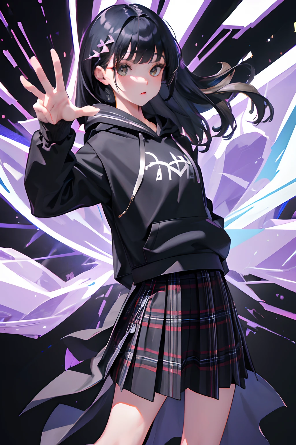 (Curtsey,skirt rift:1.5),child,(masterpiece,Highest Quality),Gray hoodie,plaid skirts,A dark-haired