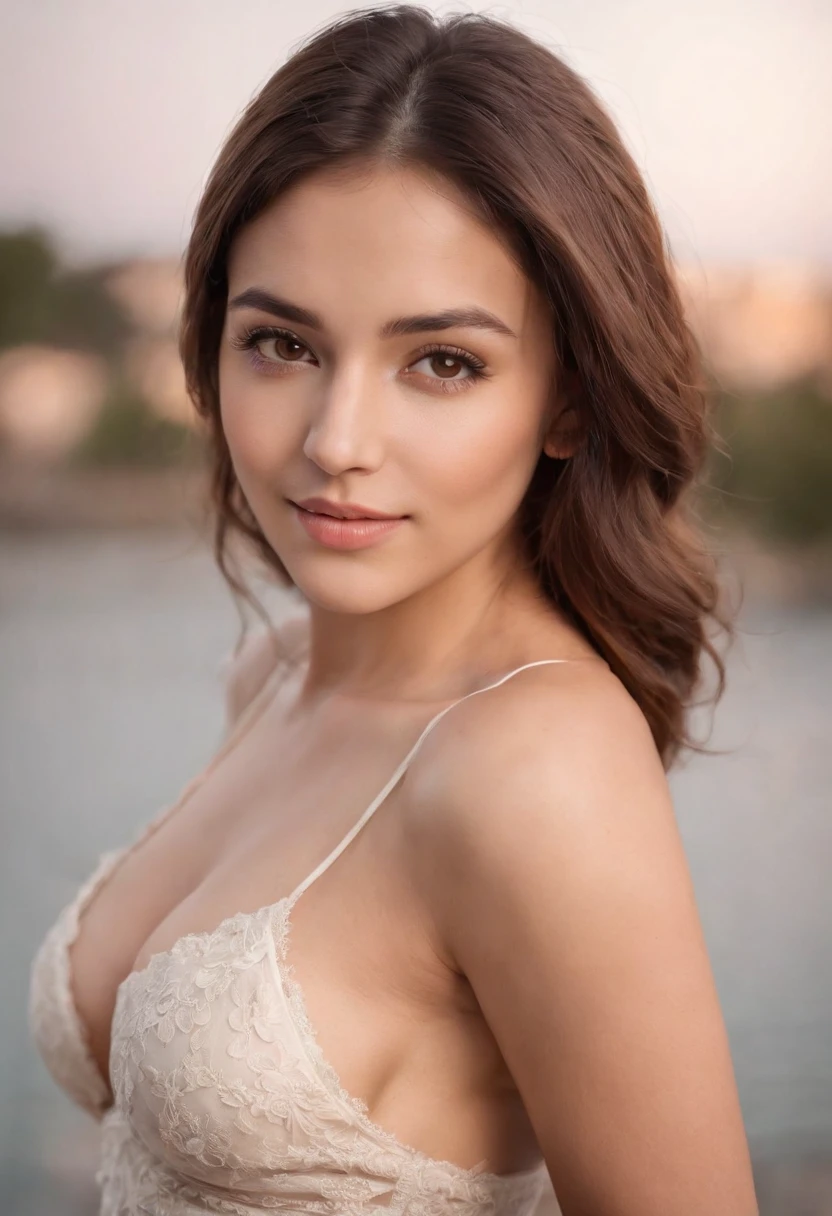 mexican girl, 26 years old, brown hair, brown eyes, portrait, beautiful woman, moisturized eyes, wearing lingerie, pretty face, sexy young woman, sweet smile, big breasts, denim shorts, crop top with cleavage, other position, other possession, best existing quality, Uplighting