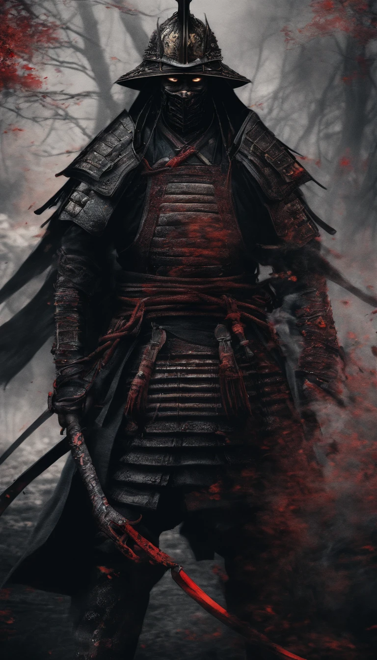 (Best quality,4K,8K,A high resolution,Masterpiece:1.2),Ultra-detailed,(Realistic,Photorealistic,photo-realistic:1.37),Feudal Japanese samurai of the Warring States period, Wearing a full suit of samurai armor, Wearing a black samurai mask, Wielding a sharp katana, Exudes a strong sense of intimidation, Glowing red eyes, Mikawa Samurai