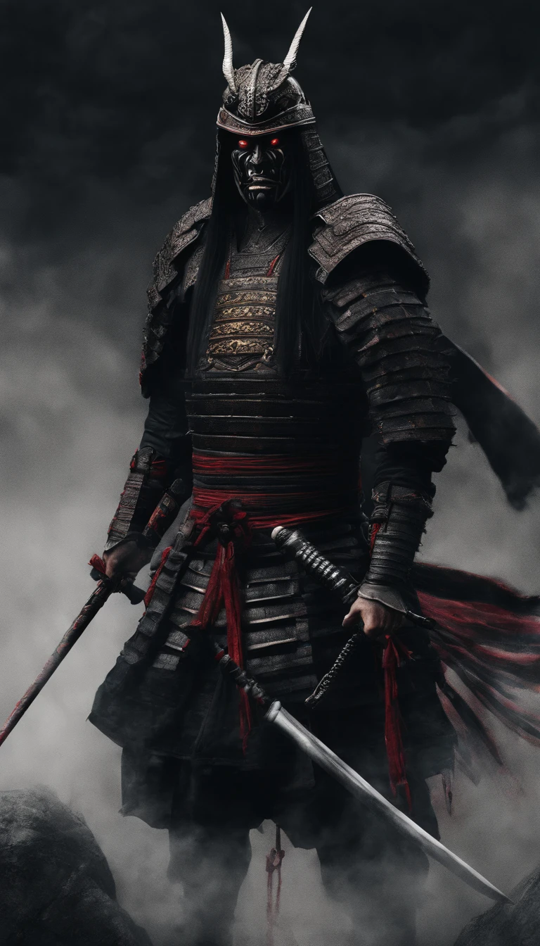 (Best quality,4K,8K,A high resolution,Masterpiece:1.2),Ultra-detailed,(Realistic,Photorealistic,photo-realistic:1.37),Feudal Japanese samurai of the Warring States period, Wearing a full suit of samurai armor, Wearing a black samurai mask, Wielding a sharp katana, Exudes a strong sense of intimidation, Glowing red eyes, Mikawa Samurai