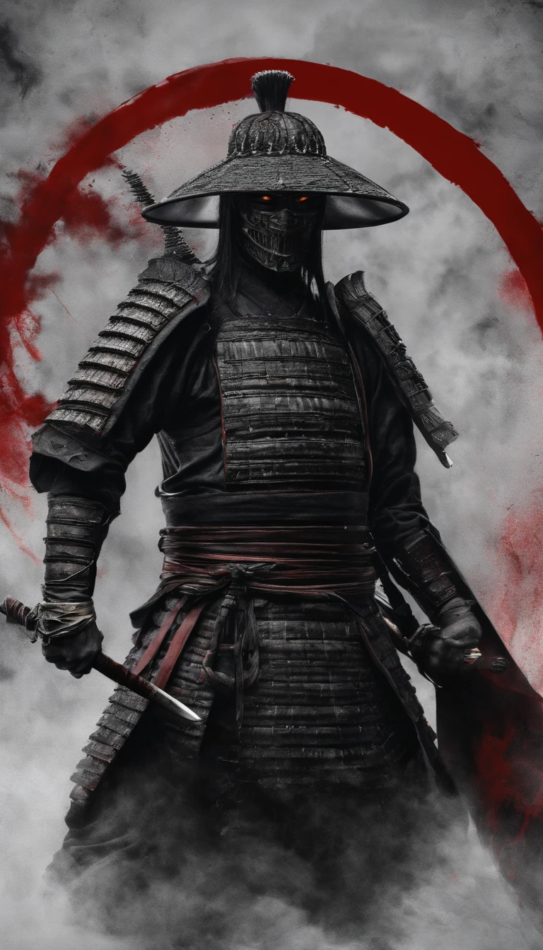 (Best quality,4K,8K,A high resolution,Masterpiece:1.2),Ultra-detailed,(Realistic,Photorealistic,photo-realistic:1.37),Feudal Japanese samurai of the Warring States period, Wearing a full suit of samurai armor, Wearing a black samurai mask, Wielding a sharp katana, Exudes a strong sense of intimidation, Glowing red eyes, Mikawa Samurai
