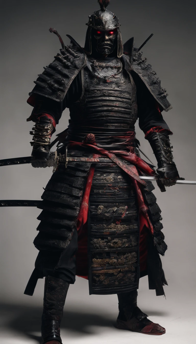 (Best quality,4K,8K,A high resolution,Masterpiece:1.2),Ultra-detailed,(Realistic,Photorealistic,photo-realistic:1.37),Feudal Japanese samurai of the Warring States period, Wearing a full suit of samurai armor, Wearing a black samurai mask, Wielding a sharp katana, Exudes a strong sense of intimidation, Glowing red eyes, Mikawa Samurai