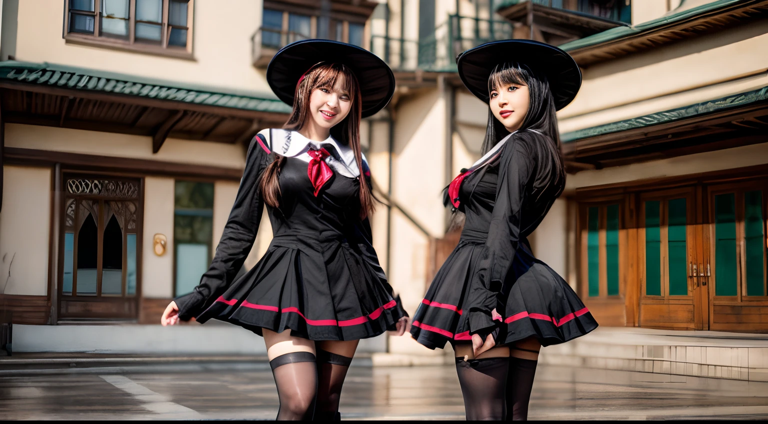 (top-quality)、 (masterpiece)、(Professional lighting with fewer shadows)、 (Bewitching:1.5)、 (A hyper-realistic)、(Stylish), (perfect anatomia)、(Girl proudly standing in front of camera shows off her breasts、Another girl on the other side、Bend over and stick your butt out towards the camera), ( Huge breasts:1.3), (Bright whitening skin without wrinkles and steps,,:1.3), (Beautiful blue eyes with long eyelashes and red tear bags)、 (Braided half-up hair fluttering in the wind), (The costume is a micro mini length high school girl uniform:1.8), (Proudly showing off her breasts with both hands from the front:1.7), (Another girl on the other side、To beautifully emphasize the proud super big ass、Showing off a pose with the buttocks exposed from directly behind:1.3), (They are kissing face to face while touching bewitching:1.7), (detailed beautiful faces), (Shot in a garden full of flowers:1.2),