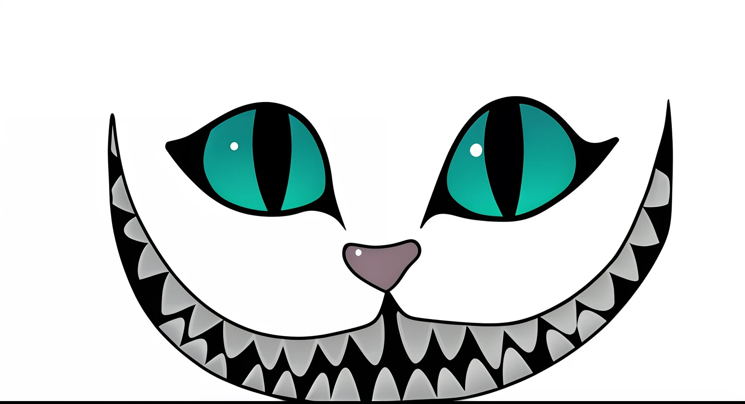 um close up de um gato preto com olhos e dentes verdes, gato de cheshire, sorriso maligno e olhos brilhantes, O Gato de Cheshire, Horror desdentado cara macabra;, sorrindo sinistramente, large eyes and menacing smile, pointed teeth and several eyes, the cat is smiling, Detailed jaw and eyes, olhos e boca brilhantes, sorriso perverso, sorriso assustador