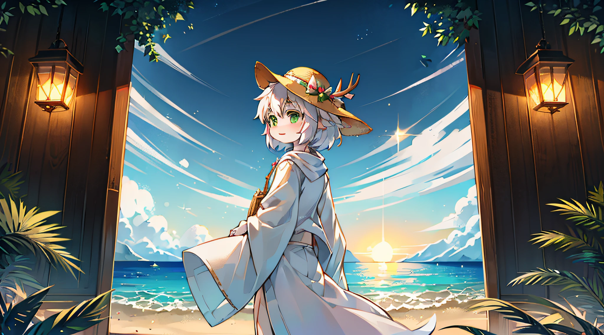 A white deer,Green eyes,long white robe,sandbeach,the ocean,the setting sun,flowing robe,eventide,Straw Hat Hat,Shota,adolable,facing away from the audience,having fun,Expectant eyes,deer antlers,gentleness,review,Crystal pupils,