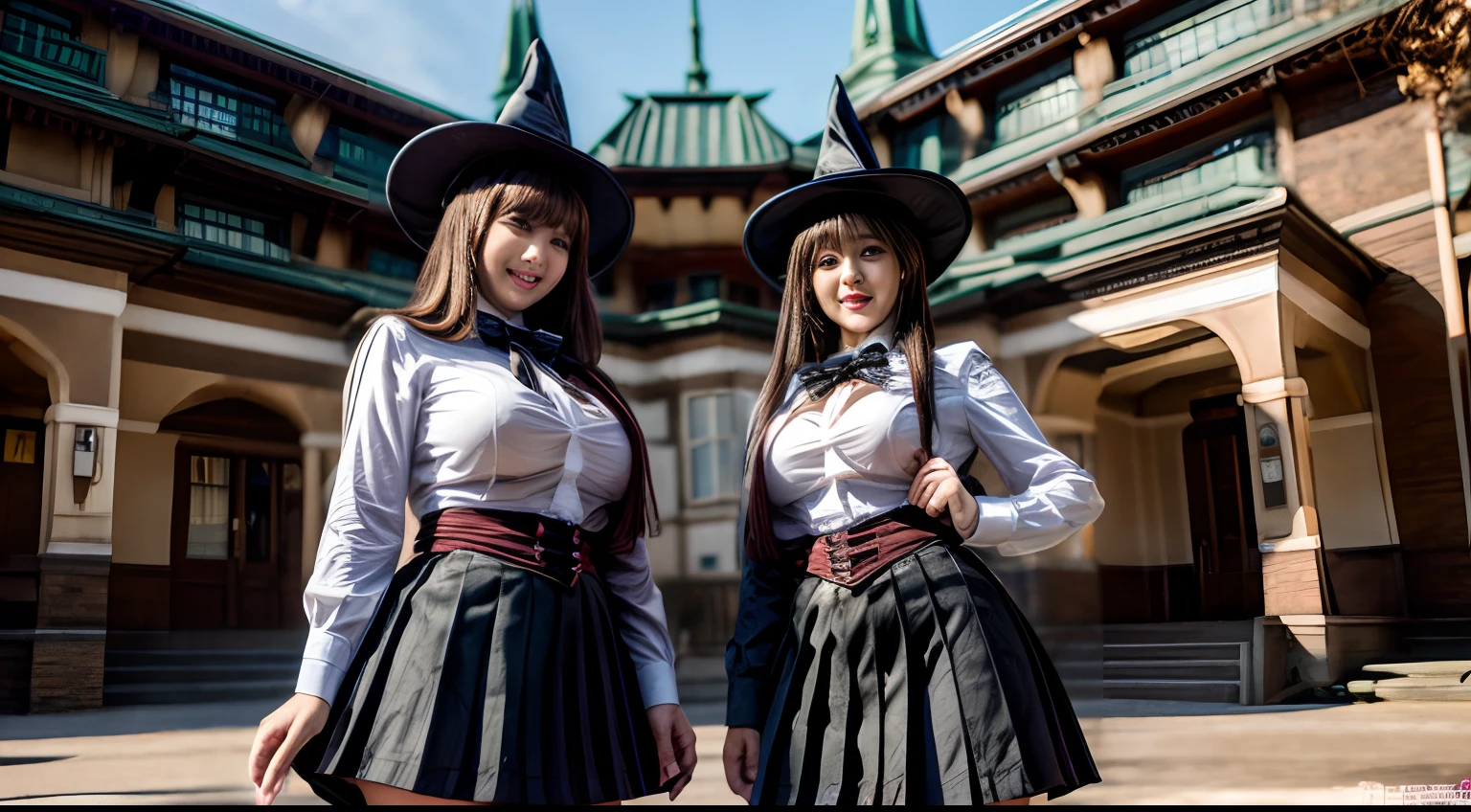 Female busty Professors witch and Female busty Student witches, wearing witch costumes, standing in front of Magical Academy, full body shot wide angled view from below, daylight, giga_busty