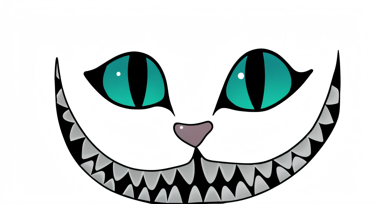 um close up de um gato preto com olhos e dentes verdes, gato de cheshire, sorriso maligno e olhos brilhantes, O Gato de Cheshire, Horror desdentado cara macabra;, sorrindo sinistramente, large eyes and menacing smile, pointed teeth and several eyes, the cat is smiling, Detailed jaw and eyes, olhos e boca brilhantes, sorriso perverso, sorriso assustador