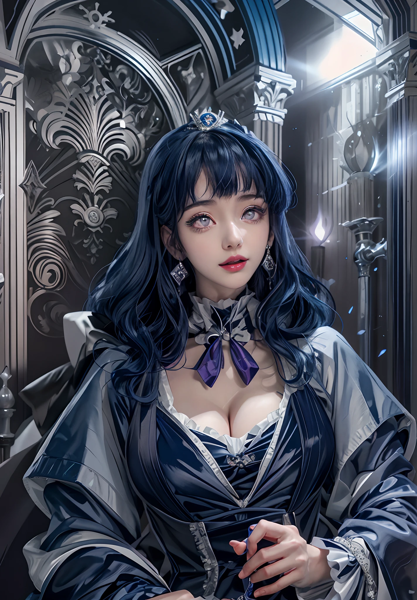 a close up of a person with long hair, hinata hyuga, hinata hyuga from naruto, from naruto, as an anime character, perfect anime face, she has dark blue hair with bangs, female anime character, anime character, anime best girl, hime cut hairstyle, dark blue hair, (soft red glossy lips:1.3), light purple eyes, big breasts, realistic, ultra detail, indoor background, princess