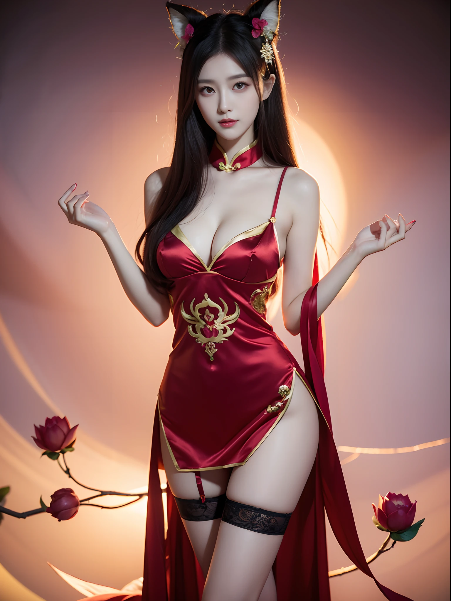 Chinese woman,Works of masters,Best image quality,Higher quality,high detal,超高分辨率,8K分辨率,perfect hand,full body shot shot,exquisite facial features,s the perfect face,Glowing skin,a matural female,(真实感:1.4),(((lol League of Legends Fox COS Costume Nine-Tailed Demon Fox Bloom Spirit Festival Soul Lotus cosplay costume))),((Long legs)),((black lence stockings)),
