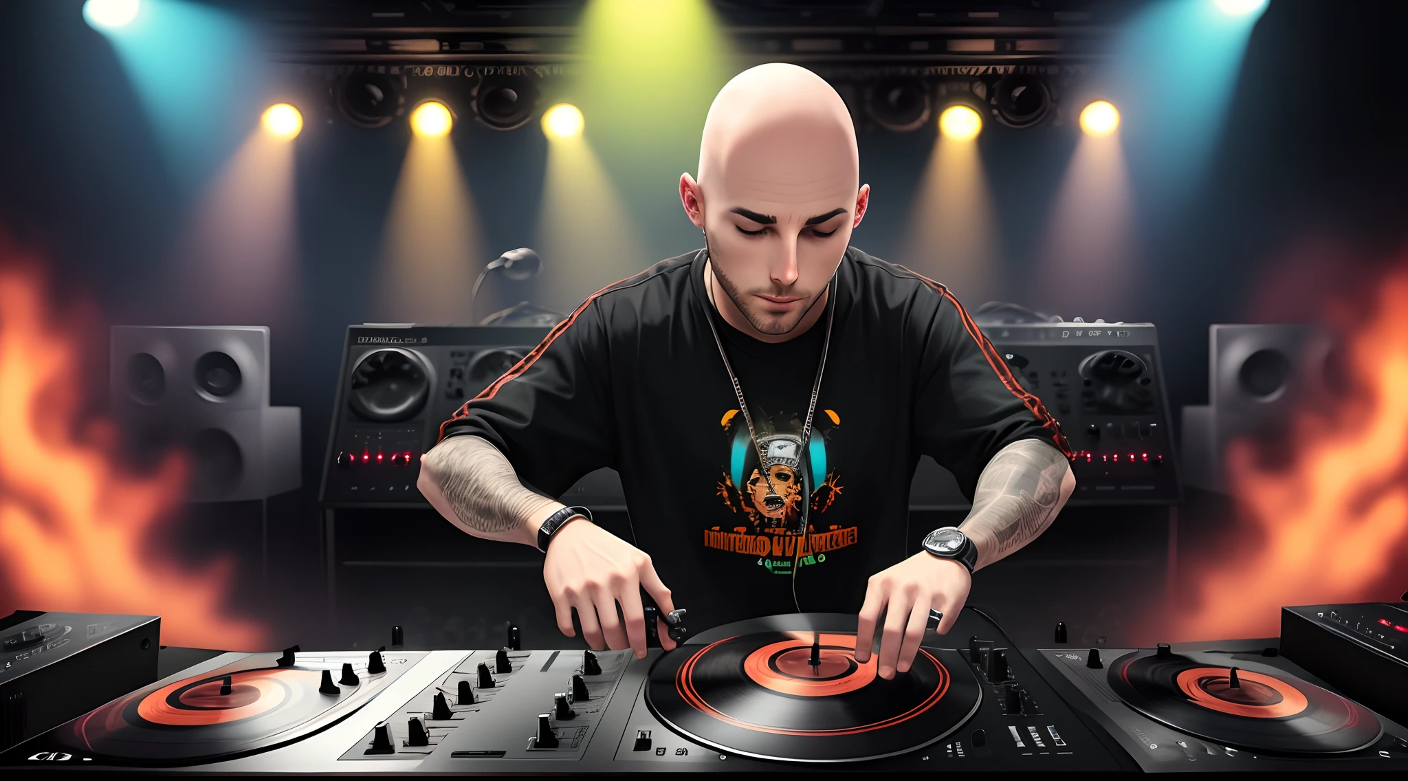 Brown, bald, dj spinning records on a rane one controller in a hip hop club 5d vector