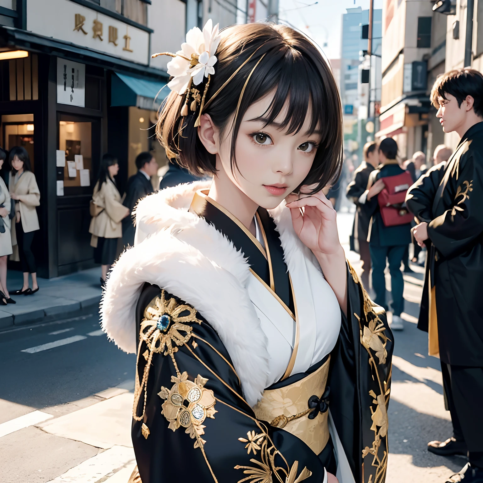 (rokoko:1.5),Background of details(Exploding Cities),BREAK ,elaborate costume(Luxury kimono(Black kimono(detailed embroidery(blanche,golds)))),BREAK,(1 Beautiful and classy adult woman(Shy smile:1.2)(Japanese actressl:1.2)(A dark-haired(short-hair:1.2))),(eye glass(four corners:1.2)),(It's firing magic:1.5),BREAK,Wallpapers 16K,Blur the background,)(masutepiece,Best Quality,Portrait photos):1.5),full body Esbian