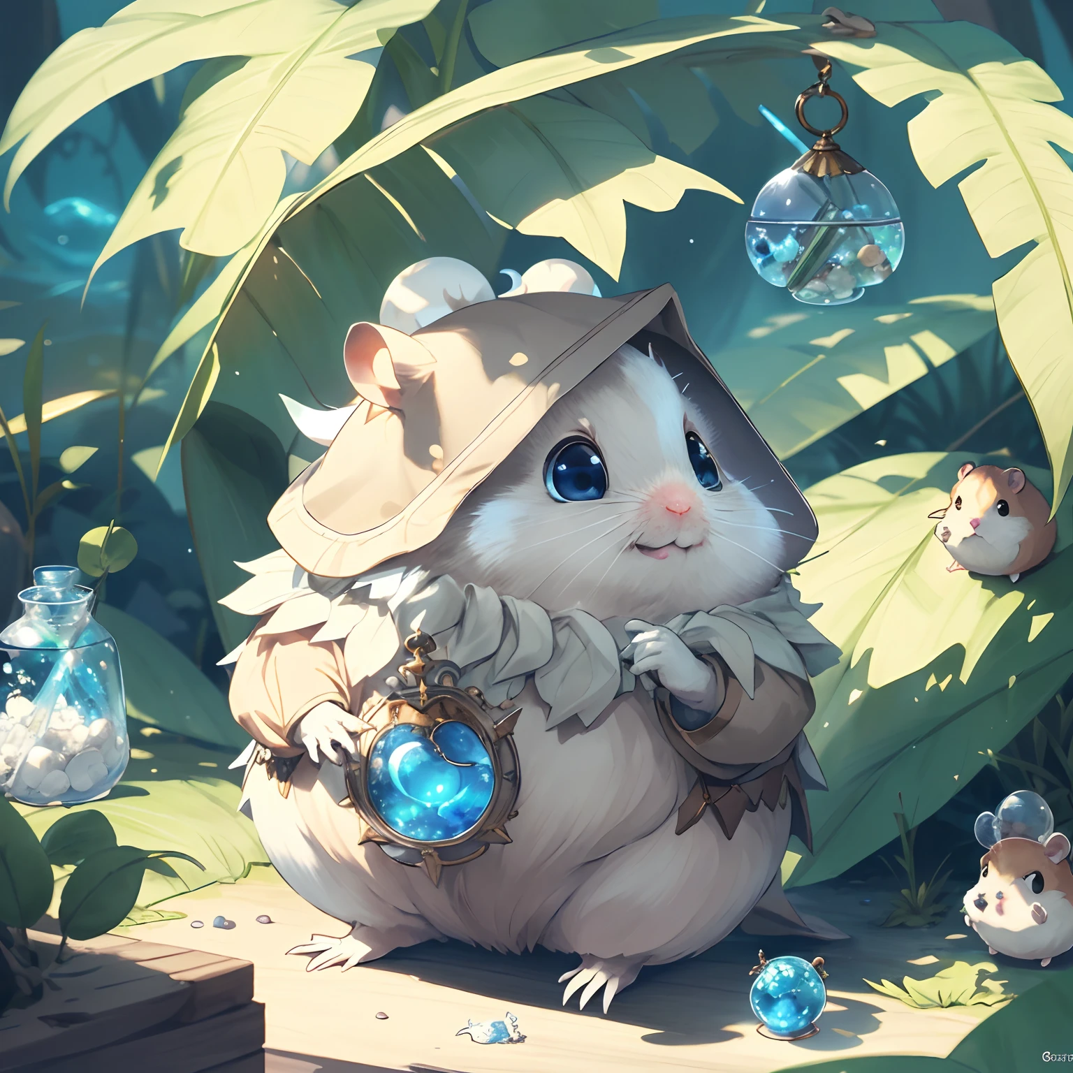 master part, best quality, Cu73Cre4ture, hamster branco vestindo um manto,Hood,Alquimia, potions,Rola,Desenhos, fantasy aesthetic, altamente detalhado, estilo shadowverse