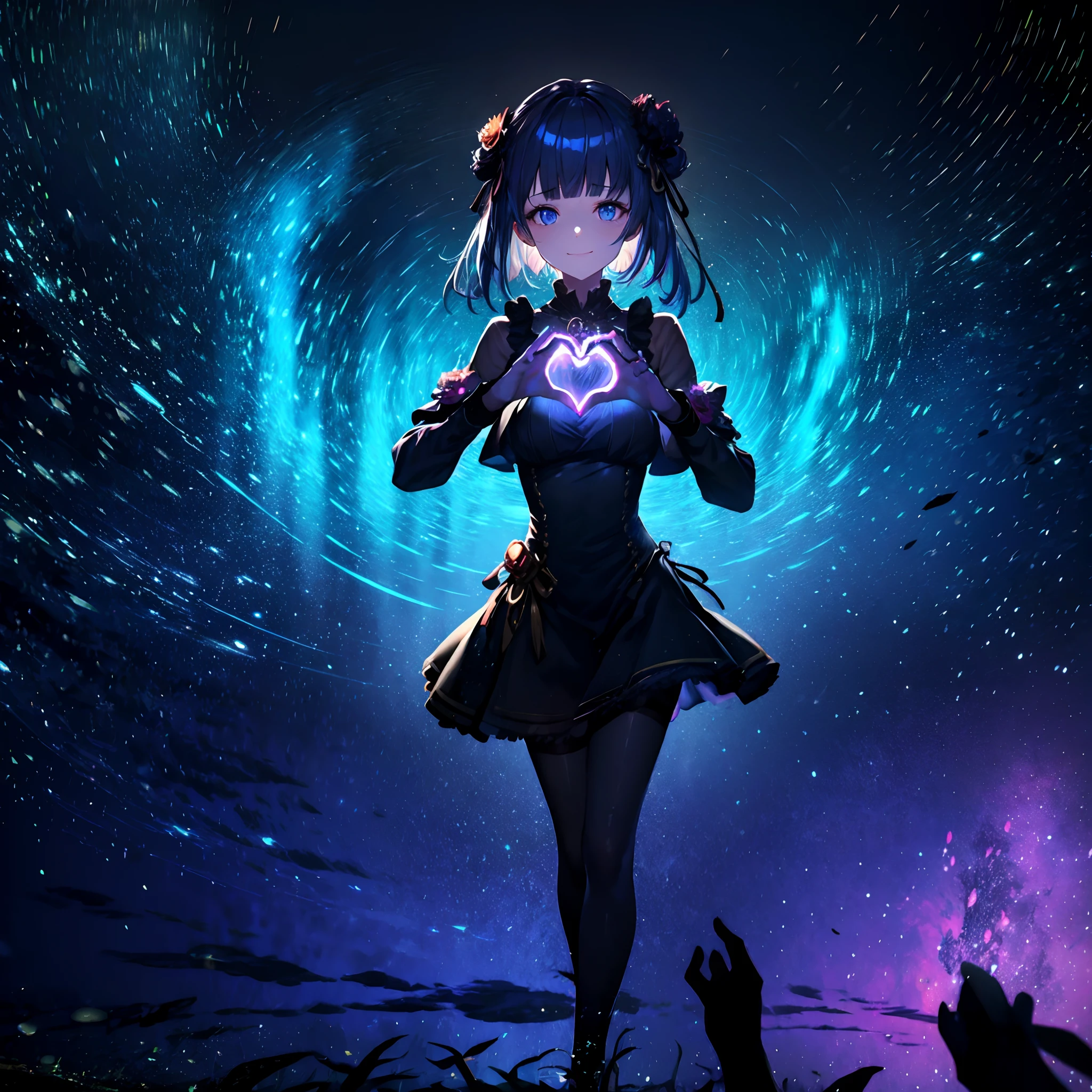 masutepiece:1.4), Rich in pH 、1girl in、 Solo、(Best Quality:1.3), High resolution, on back,Superb view、(One Cute Girl:1.3), Solo, huge smile、A ring of iridescent angels hovers above my head、full body Esbian(3:4)Swave,Big iridescent heart on background、Angel Ring、maid clothes、Eight-headed body、Full of diamonds、Meteor swarm、crouching down、Close one eye、Forehead、wide forehead、Model Standing、Large bouquet、Bouquet of iridescent colors、holding flower bouquet、Focus on eye brightness、yogapose、Gray hair, (bobhair:1.2), Mixed mesh and light blue、Bun hair, (Blunt bangs:1.2), Eyes are purple, Miraculous Eye、Light from the eyes、Beautiful detailed eyes, ultradetailed eyes、Glitter eyes,from the rear、yoga、Colorful starry sky,Stars,Iridescent aura around the eyes、Raise your hand to stretch、Lie down and stick your hips out、Iridescent eyes、Wearing a rainbow-colored aura from the whole body、 Shadow lighting,perfectbody