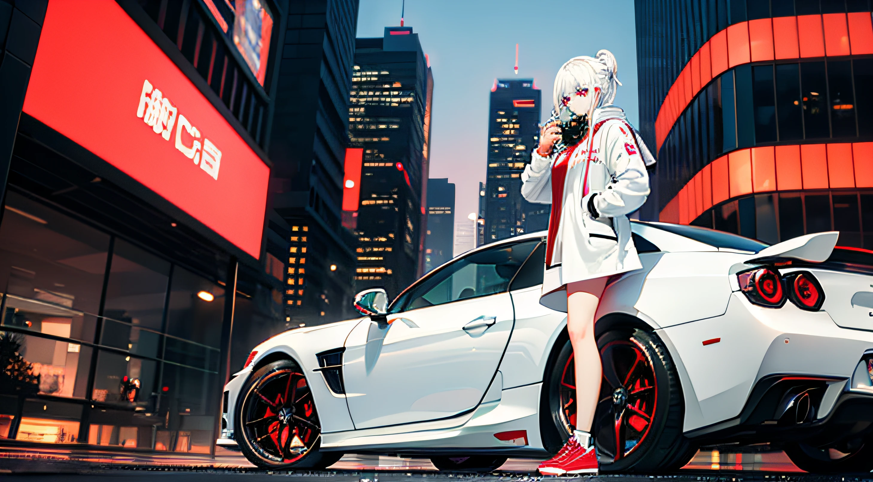 White hair, casual clothes, red eyes, full body, city, next to a sports car, eating a bombom