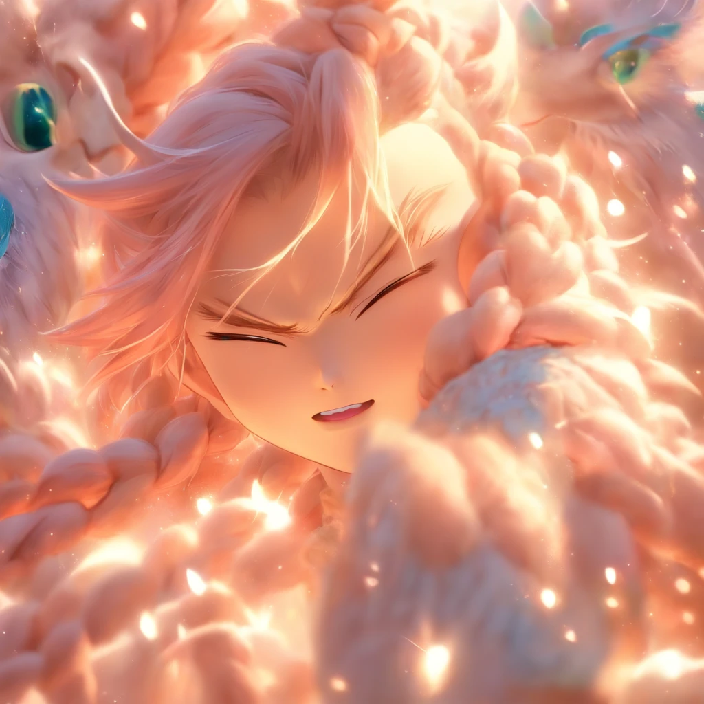 MALE, asian baby BOY, beautiful BOY, extremely long silky peach-colored hair intermixes with a lot of loose braids, super long bang that can nearly cover all the face, the tail of the hair has peacock's tail pattern, elf ears, dark pink sharp cat-eyes with light blue shade, white eye's pupils, soft and thin lips, white and soft skin