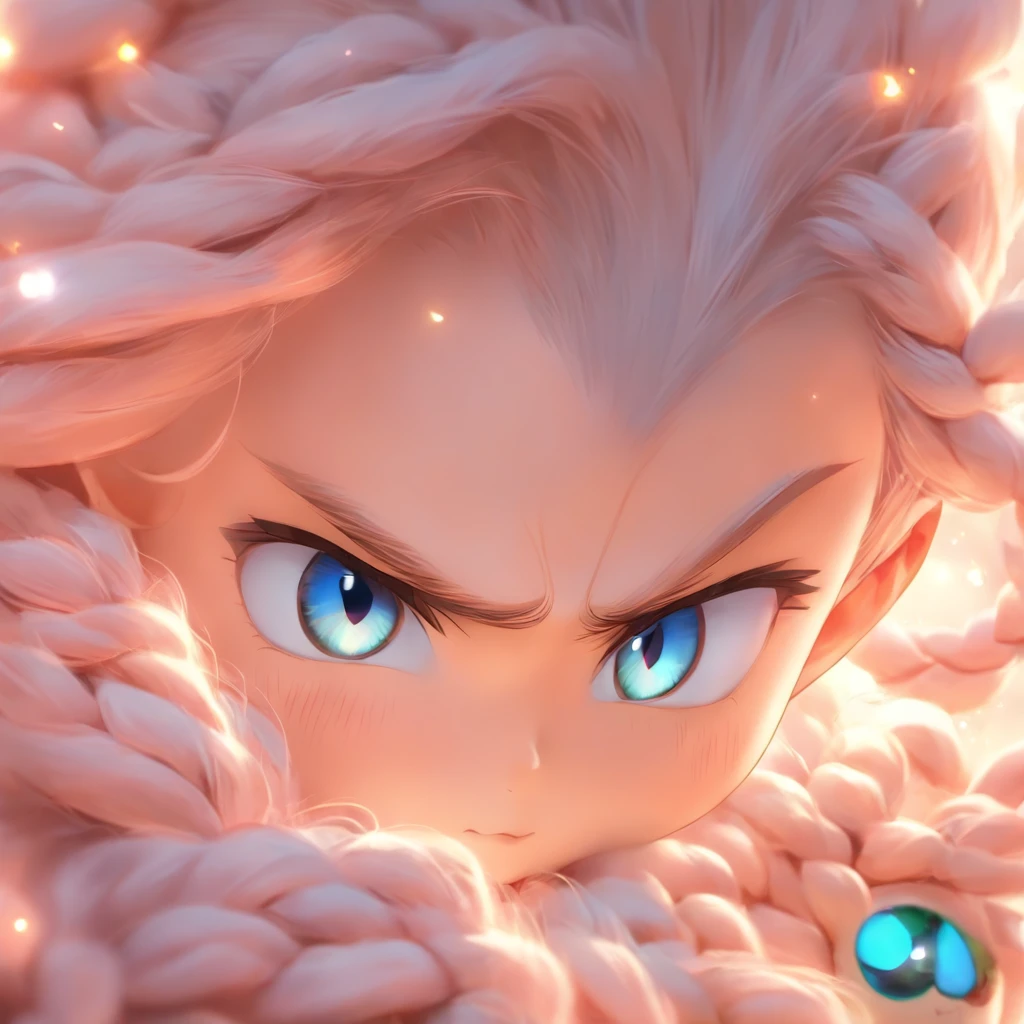 MALE, asian baby BOY, beautiful BOY, extremely long silky peach-colored hair intermixes with a lot of loose braids, super long bang that can nearly cover all the face, the tail of the hair has peacock's tail pattern, elf ears, dark pink sharp cat-eyes with light blue shade, white eye's pupils, soft and thin lips, white and soft skin