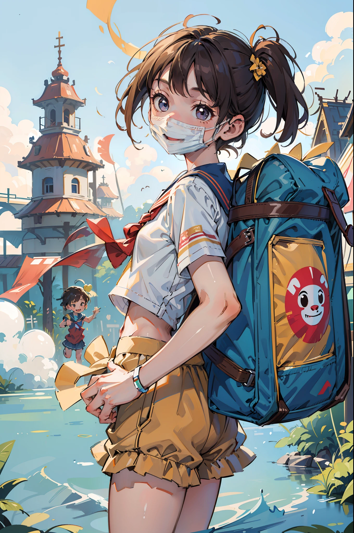 (masterpiece, best quality, looking towards viewers, from the front), 1girl, , ((small breast, flat chested)), sailor uniform, serafuku, short hair, ((face mask)), smiling, cowboy shot, facing in front