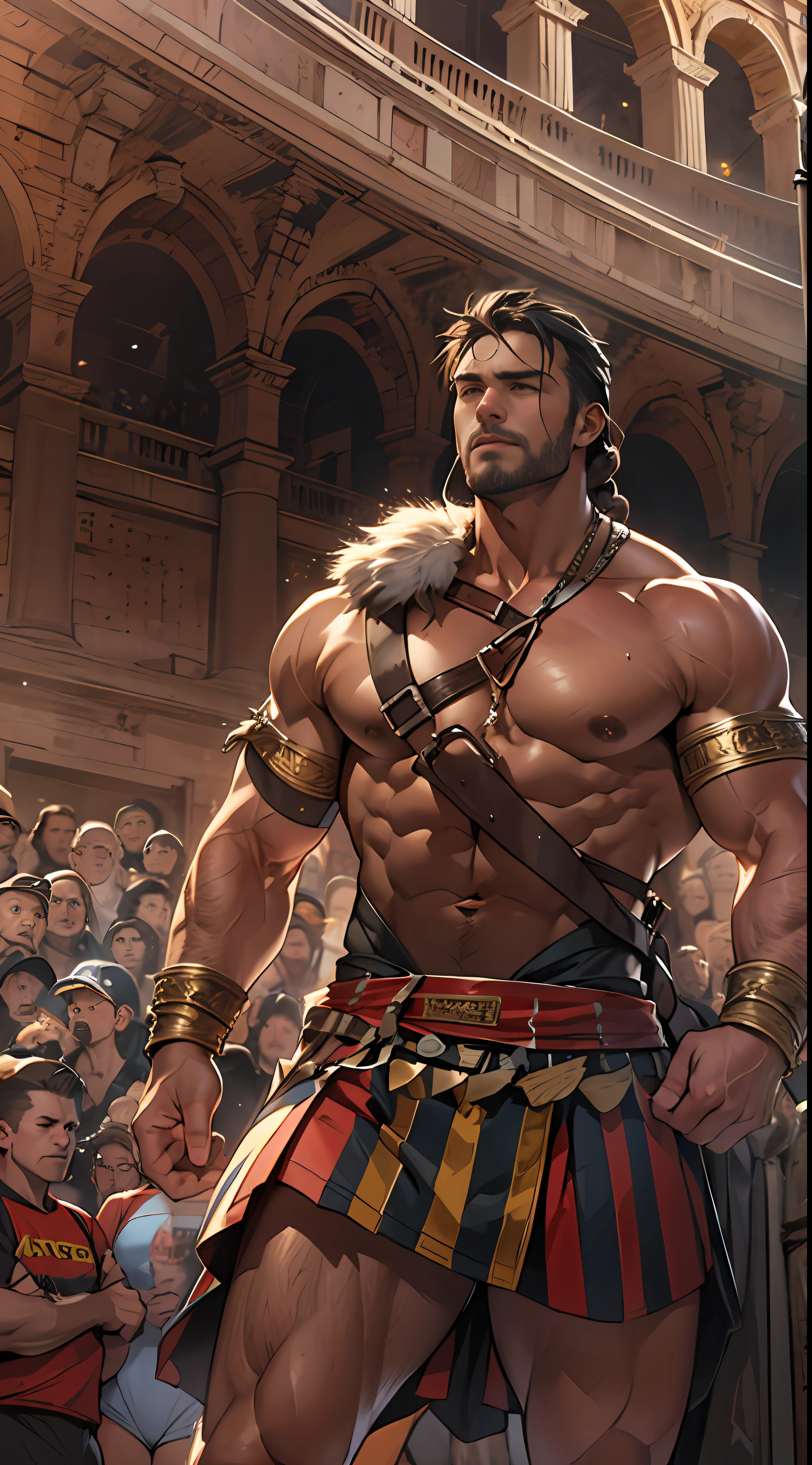 Mighty gladiator, upper torso exposed, legs unclothed from thighs to feet, flowing long curls, detailed muscular physique, lifelike depiction, 4K resolution. Background: Roman colosseum filled with cheering crowd.,32k uhd, best quality, masterpiece, super detail, high details