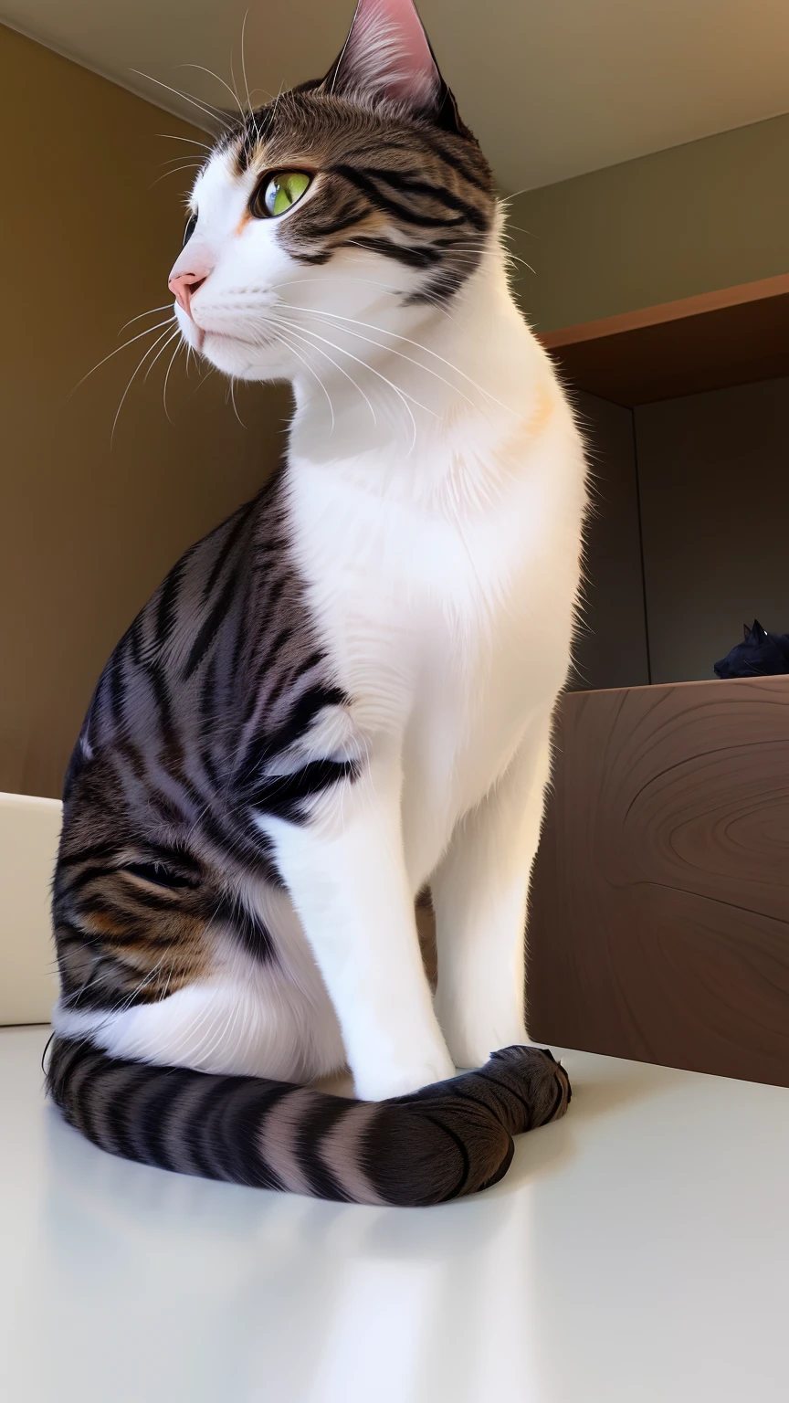 There's a cat sitting on a table looking at something, taken with sony a7r camera, fazendo uma pose majestosa, fazendo uma pose elegante, Tomado com Sony Alpha 9, orgulhoso olhando para longe, Looking away from the camera, olhando de lado!, cat on the table in front of her, looking away from camera, cat female with a whit and chest, very artistic pose