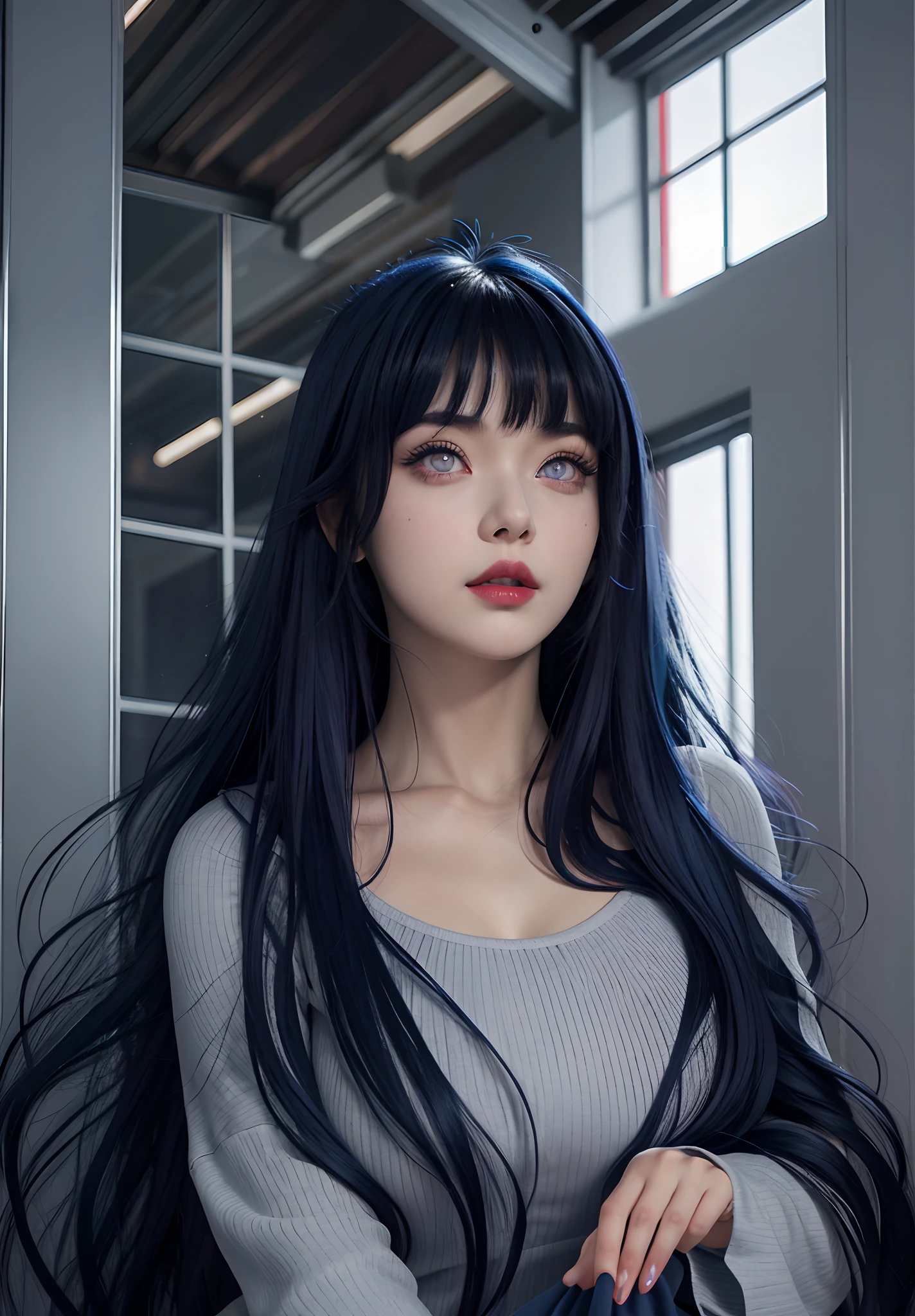 a close up of a person with long hair, hinata hyuga, hinata hyuga from naruto, from naruto, as an anime character, perfect anime face, she has dark blue hair with bangs, female anime character, anime character, anime best girl, hime cut hairstyle, dark blue hair, (soft red glossy lips:1.3), light purple eyes, big breasts, realistic, ultra detail, indoor background, princess