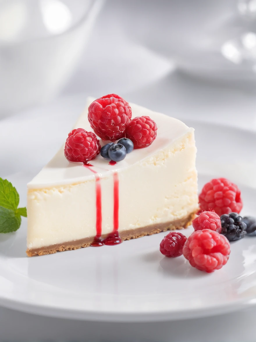 A mouthwatering slice of New York-style cheesecake, meticulously prepared and presented. The creamy cheesecake sits on a fine porcelain dessert plate, drizzled with a luscious raspberry coulis that winds its way around the plate's edge. Fresh, plump raspberries and vibrant mint leaves are artfully placed on top of the cheesecake, adding a burst of color. The slice glistens, and you can almost taste the rich creaminess and the sweet-tart flavor just by looking at it. It's served in a beautifully lit patisserie setting, creating an atmosphere of culinary delight and anticipation. The chosen style for this image is a high-quality food photography session, capturing the fine details and vibrant colors. A professional DSLR camera with a macro lens, such as the Canon EOS 5D Mark IV with a 100mm f/2.8 lens, will ensure exceptional detail and clarity in the shot. --ar 16:9 --v 5