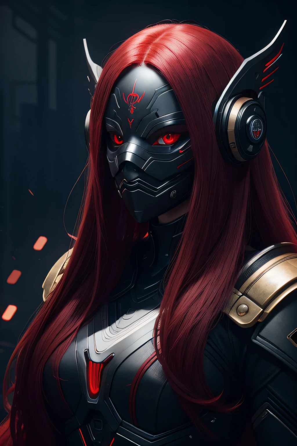 girl with long red hair, red eyes, futuristic vibes, mask on mouth, headphones, 8k, high quality, simple background, glowing eyes, nice pose