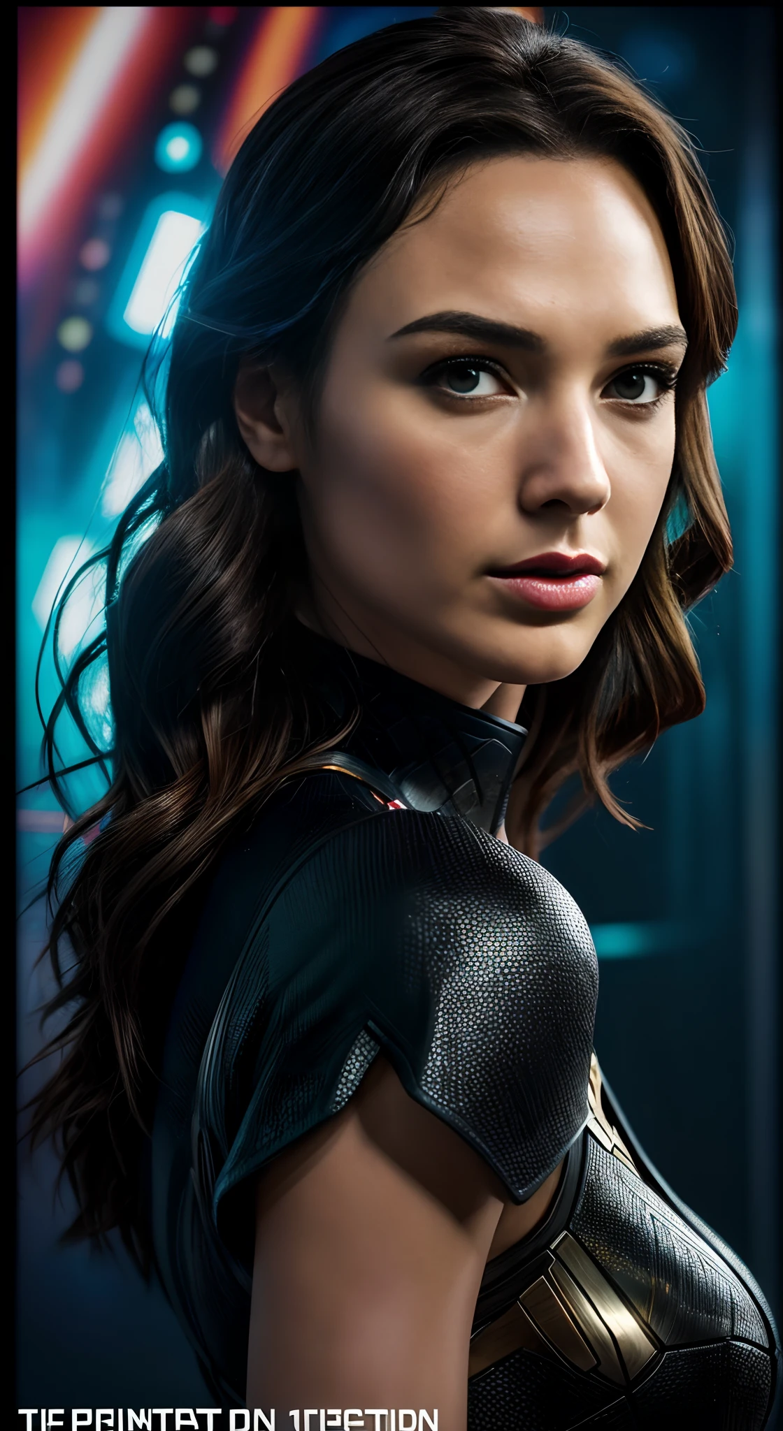 ((Movie premiere poster)), Gal Gadot, wonder women, Dressed in black,looks into camera,woman , Perfect eyes, Beautiful face,pale brown hair, short detailed hair, bobo head, side parted hair,dynamicposes, Realisticstyle, The scene in which the film was made is depicted,((best qualtiy)), ((tmasterpiece)), (k hd:1.3), 。.。.。.。.。.3D, big breasts beautiful (cyber punk perssonage:1.3) 年轻, photographers,camera,Makeup artist,director,(Scenes:Studio 1.7), (hdr:1.5), (pastel colour:1.2), ultra - detailed, (Art Station:1.5), Cinematic, warm lights, Light effect, Dramaticlight, (Intricate details:1.1), the complex background, (greg rutkovsky:0.8), (Teal and orange:0.4),((Movie Premiere Poster 1.8)),