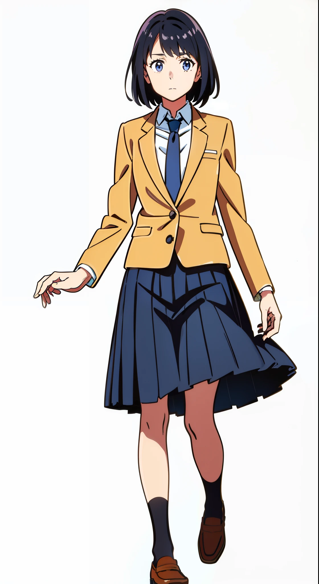 (running:1.2), (wind:1.2), (white background:1.1), (best quality:1.1), (masterpiece:1.1), (full body:1.0), (solo:1.0), (a 18yo cute girl:1.0), (long skirt:1.0), (dark blue skirt:1.0), (pleated skirt:1.0), (school uniform beige blazer:1.0), (dark blue necktie:1.0), (black socks:1.0), (loafers:1.0), (lanky:1.1), (tall:1.1), (slender:1.1), (small breasts:1.1), (detailed beautiful eyes:1.0), (detailed beautiful face:1.0), (glowing black eyes:1.0), (short hair:1.0), (strait hair:1.0), (black hair:1.0)