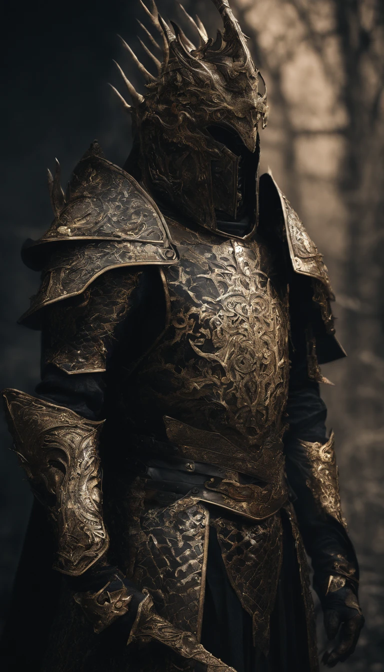 warrior, concept-art, Fantasy art, battleground background, clean render, a horned, Wear a suit of armor, Detailed bushido form smoke, helmet of a forgotten deity, character is standing, 8k Realistic, in game render, detailed face background detail, Art station front page, taur, Pseudo-medieval fantasy, A deity wearing koi armor, detailed bronze armor, Bronze armor, golden etched armor, gold obsidian armor, Light gold armor, Gorgeous filigree armor, A demonic warrior, Gorgeous armor full of thorns, Intricate assasin armor, Intricate metal armor, powerful warrior, Dressed in gorgeous gold armor,Decorated with intricate patterns, The helmet has a large crown and two horns,Glowing red eyes, Everything is in the dark, The smoky background alludes to battle scenes, Add an ominous aura to his character,submission, Full body shot.