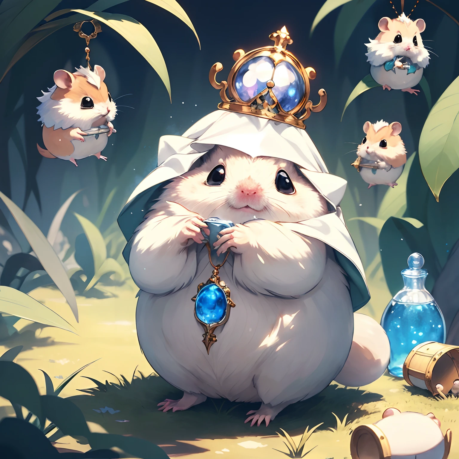 master part, melhor qualidade, Cu73Cre4ture, hamster branco vestindo um manto,Hood,Alquimia, potions,Rola,Desenhos, fantasy aesthetic, altamente detalhado, estilo shadowverse