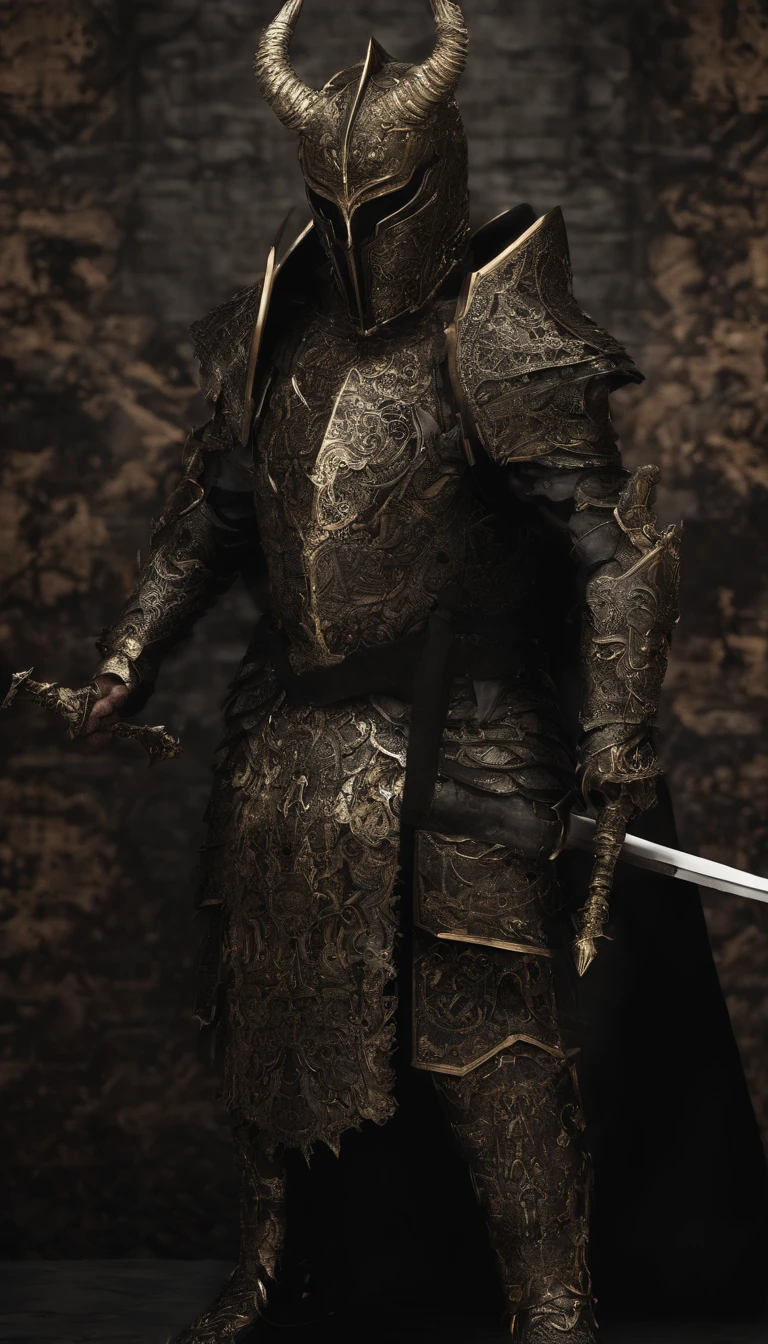 warrior, concept-art, Fantasy art, battleground background, clean render, a horned, Wear a suit of armor, Detailed bushido form smoke, helmet of a forgotten deity, character is standing, 8k Realistic, in game render, detailed face background detail, Art station front page, taur, Pseudo-medieval fantasy, A deity wearing koi armor, detailed bronze armor, Bronze armor, golden etched armor, gold obsidian armor, Light gold armor, Gorgeous filigree armor, A demonic warrior, Gorgeous armor full of thorns, Intricate assasin armor, Intricate metal armor, powerful warrior, Dressed in gorgeous gold armor,Decorated with intricate patterns, The helmet has a large crown and two horns,Glowing red eyes, Everything is in the dark, The smoky background alludes to battle scenes, Add an ominous aura to his character,submission, Full body shot.
