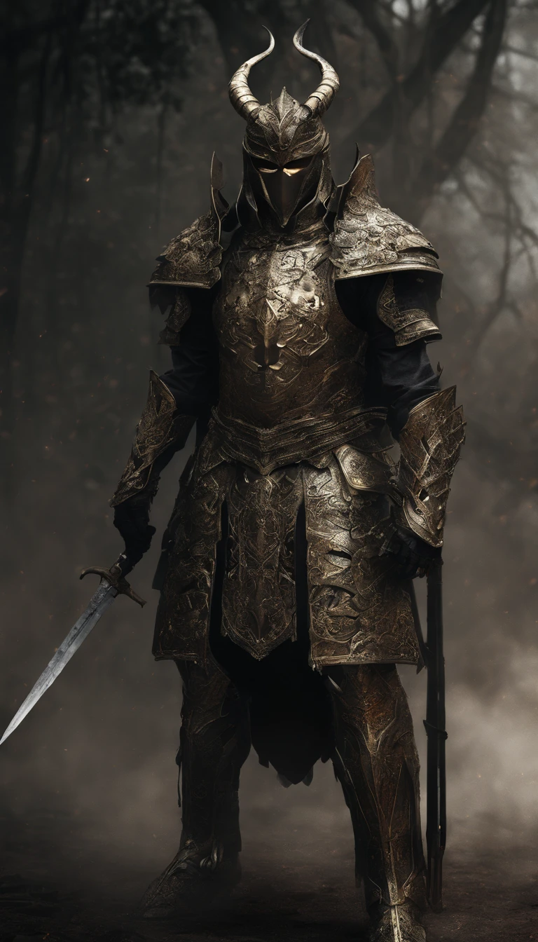 warrior, concept-art, Fantasy art, battleground background, clean render, a horned, Wear a suit of armor, Detailed bushido form smoke, helmet of a forgotten deity, character is standing, 8k Realistic, in game render, detailed face background detail, Art station front page, taur, Pseudo-medieval fantasy, A deity wearing koi armor, detailed bronze armor, Bronze armor, golden etched armor, gold obsidian armor, Light gold armor, Gorgeous filigree armor, A demonic warrior, Gorgeous armor full of thorns, Intricate assasin armor, Intricate metal armor, powerful warrior, Dressed in gorgeous gold armor,Decorated with intricate patterns, The helmet has a large crown and two horns,Glowing red eyes, Everything is in the dark, The smoky background alludes to battle scenes, Add an ominous aura to his character,submission, Full body shot.