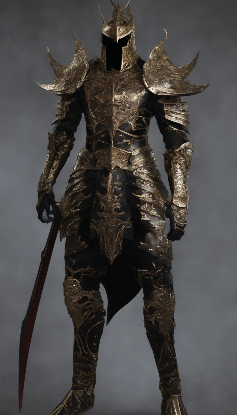 warrior, concept-art, Fantasy art, battleground background, clean render, a horned, Wear a suit of armor, Detailed bushido form smoke, helmet of a forgotten deity, character is standing, 8k Realistic, in game render, detailed face background detail, Art station front page, taur, Pseudo-medieval fantasy, A deity wearing koi armor, detailed bronze armor, Bronze armor, golden etched armor, gold obsidian armor, Light gold armor, Gorgeous filigree armor, A demonic warrior, Gorgeous armor full of thorns, Intricate assasin armor, Intricate metal armor, powerful warrior, Dressed in gorgeous gold armor,Decorated with intricate patterns, The helmet has a large crown and two horns,Glowing red eyes, Everything is in the dark, The smoky background alludes to battle scenes, Add an ominous aura to his character,submission, Full body shot.